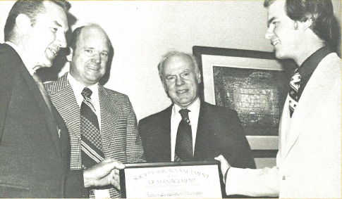 Photo of The Auburn (Alabama) University S.A.M. student chapter recently received its of­ficial charter. (From I. to r.) W. J. Howard, Jr., president of the Montgomery chapter of S.A.M., and Frank Veal, student chapter coordinator from Montgomery, awarded the charter. Accepting on behalf of the Auburn chapter was Dr. Fred Adams, faculty advisor, and David Dysart of Huntsville, Alabama, chapter president.