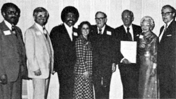 In attendance at the presentation of the International Human Relations A ward were (I. to r.): Charles Smith, vice-presi­dent of Region 13; Donald Begosh, S.A.M. executive director; Truman Jacques, KNXT-TV personality; Belinda Black, Los Angeles chapter president; Rabbi Edgar Magnin, who gave the in­vocation; Harold McClellan, recipient of the award; Katherine McClellan, the recipient's wife; and Dr. Richard Gilman president of Occidental College.