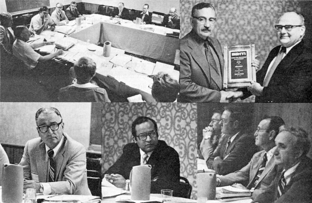 The S.A.M. Executive Committee conducts its regular fall meeting at the Downtown Holiday Inn in Richmond. (top right) Hal J. Batten (l.), S.A.M. board chairman, presents the Special President's Award for New Chapter Development to Allin Jackson, national vice-president for new chapter development. (lower left) Dr. William Kirby, Jr., S.A.M. president, and (lower center) Moustafa Abdelsamad, Region 7 vice-president, listen to growth strategy proposal at the board of directors meeting. (lower right) Participating in the discussion on the new Presidents Council are (I. to r.) Vern Johnson, president of the Lehigh Valley Chapter; James Rutherford, president of the Montgomery Chapter; LaVerne Cox, national vice-president for the Campus Division; and Guy DeGenaro, past Region 7 vice-president.