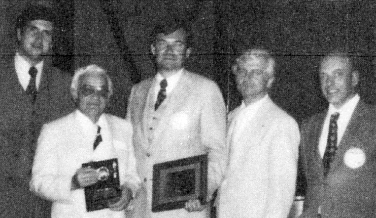 Black and White Photo of those Participating in the Worcester awards presentation were (I. to r.) Robert R. Comtois, chapter president; David Gould, award recipient; David Cox, award recipient; Donald Begosh, S.A.M. executive director; and Laurence A. Bay, chapter vice-president for programming.