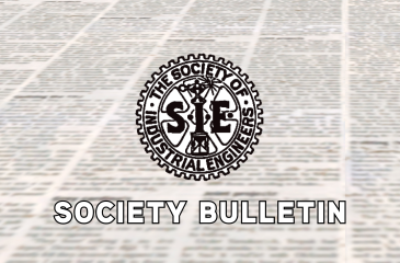 Logo of The Society of Industrial Engineers (SIE) centered over a blurred newspaper background, with bold text below reading “Society Bulletin.”