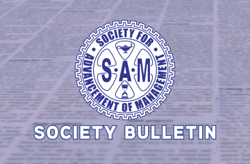 Logo of the Society for Advancement of Management (SAM) centered over a blurred newspaper background, with bold text below reading “Society Bulletin.” The SAM emblem features a gear design with a lamp, hourglass, and the initials S.A.M. prominently displayed.