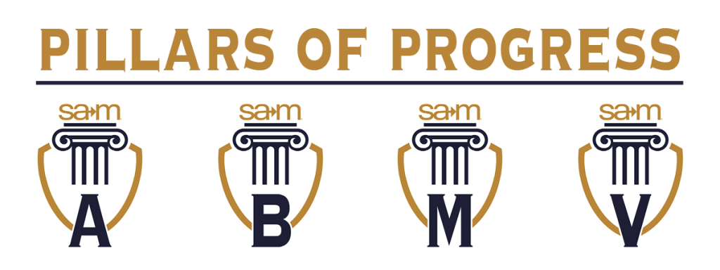 Banner image displaying the "Pillars of Progress" program by SAM (Society for Advancement of Management). The title appears at the top in bold gold lettering with a dark underline. Below are four shield icons, each featuring a classical column labeled with the letters A, B, M, and V, representing the support tiers: Advocate, Builder, Mentor, and Visionary. The SAM logo appears above each column design.