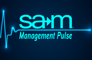 Logo for “SAM Management Pulse” featuring a stylized electrocardiogram line integrated with the SAM logo. The background is a dark blue digital grid, and the heartbeat line glows in bright neon blue, emphasizing the concept of monitoring the pulse of contemporary management trends.