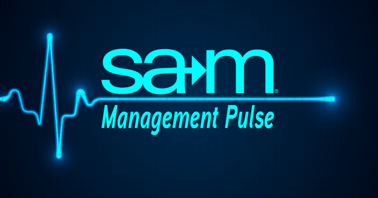 Logo for “SAM Management Pulse” featuring a stylized electrocardiogram line integrated with the SAM logo. The background is a dark blue digital grid, and the heartbeat line glows in bright neon blue, emphasizing the concept of monitoring the pulse of contemporary management trends.