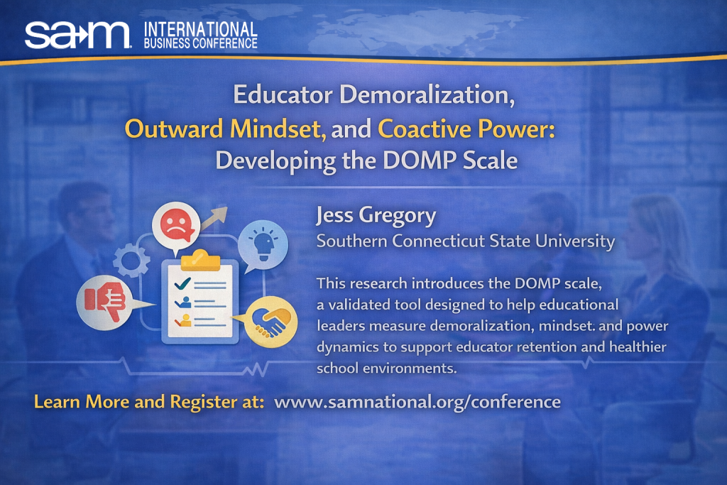 Promotional graphic for the SAM International Business Conference presentation titled “Educator Demoralization, Outward Mindset, and Coactive Power: Developing the DOMP Scale” by Jess Gregory of Southern Connecticut State University. The image features a blue background with a subtle world map at the top, the presentation title centered, and icons representing demoralization, mindset, and power dynamics, along with a call to register at www.samnational.org/conference
