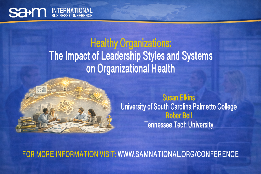 Promotional graphic for the SAM International Business Conference featuring the presentation “Healthy Organizations: The Impact of Leadership Styles and Systems on Organizational Health,” with an illustration of a diverse leadership team meeting around a table, surrounded by icons representing leadership, systems, performance, and organizational well-being on a blue conference-branded background.