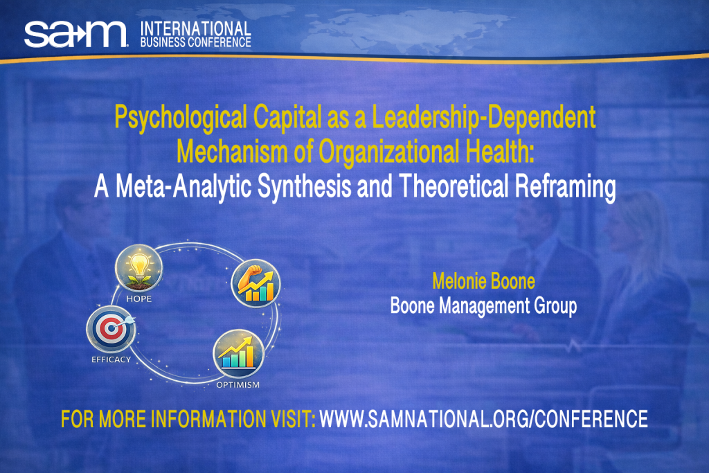 Promotional graphic for the SAM International Business Conference featuring the presentation “Psychological Capital as a Leadership-Dependent Mechanism of Organizational Health: A Meta-Analytic Synthesis and Theoretical Reframing” by Melonie Boone of Boone Management Group. The image uses a blue conference-themed background with a world map header, the presentation title centered, and a circular visual showing icons for hope, efficacy, optimism, and resilience, along with a registration call to action directing viewers to www.samnational.org/conference