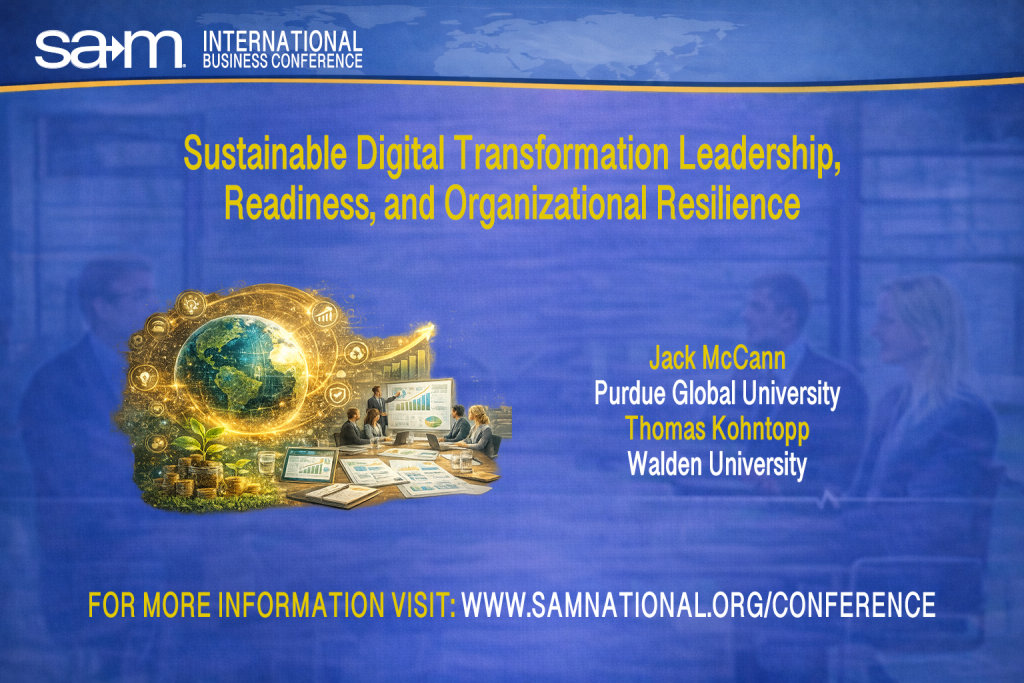 Conference presentation slide for the SAM International Business Conference titled “Sustainable Digital Transformation Leadership, Readiness, and Organizational Resilience,” featuring a blue branded background with the SAM logo, a conceptual illustration of a glowing digital globe connected to data icons, green plants, and a business team reviewing dashboards and charts to symbolize sustainability, digital transformation, and organizational resilience, with presenter affiliations listed on the right.