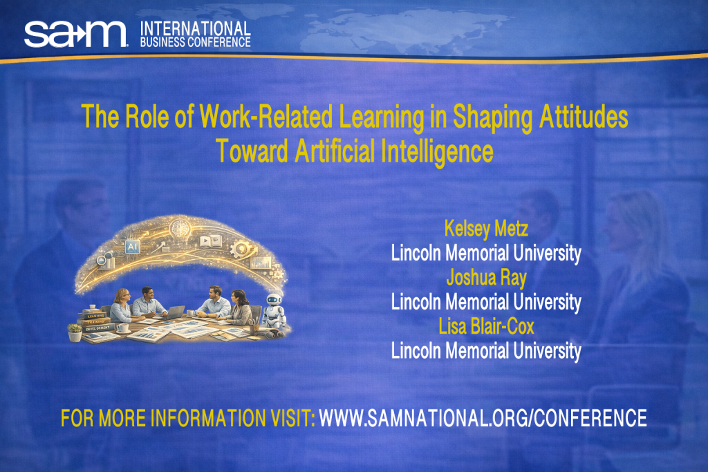Promotional graphic for a SAM International Business Conference presentation titled “The Role of Work-Related Learning in Shaping Attitudes Toward Artificial Intelligence.” The image shows a blue conference-branded background with a collaborative workplace scene where professionals sit around a table reviewing documents and laptops, while a glowing arc of artificial intelligence and learning icons hovers above them. Author names and affiliations from Lincoln Memorial University appear on the right, with a conference registration link displayed at the bottom.
