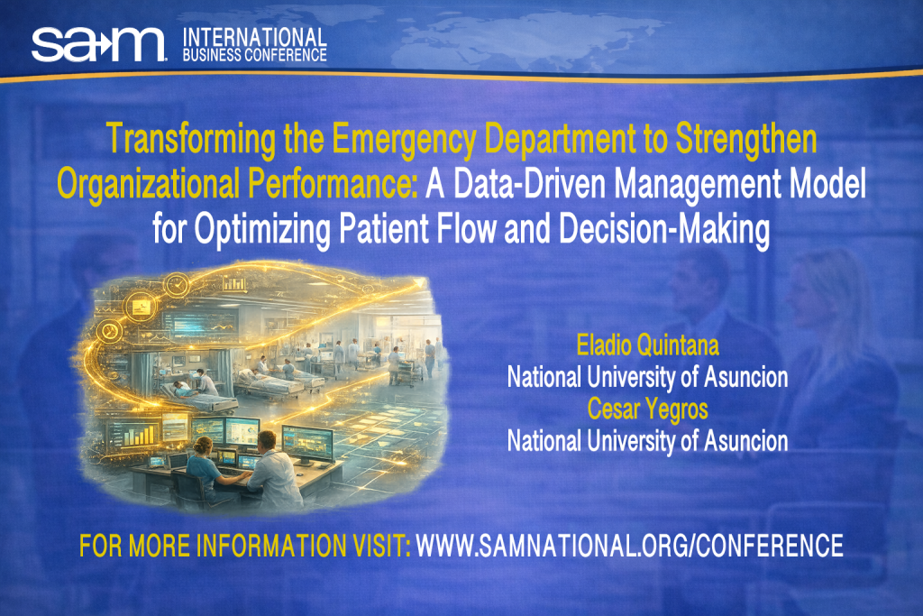 Promotional graphic for the SAM International Business Conference showing a modern hospital emergency department with patients, clinicians, and data dashboards. A glowing data flow overlays the scene, connecting patient beds, staff activity, and analytics screens to represent data-driven management, patient flow optimization, and decision-making in healthcare operations.