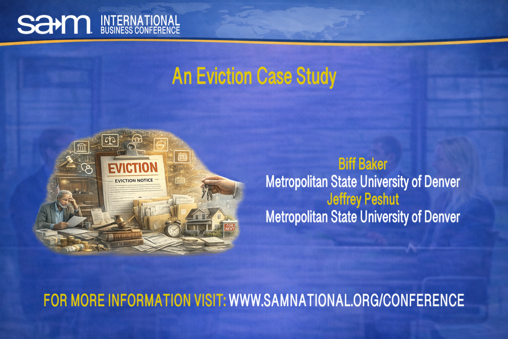 Promotional graphic for the SAM International Business Conference featuring an illustration of the eviction process, with a stressed landlord reviewing documents, an eviction notice on a clipboard, stacks of paperwork, a small rental house, and keys being handed over, symbolizing legal complexity, financial strain, and systemic challenges in eviction proceedings.