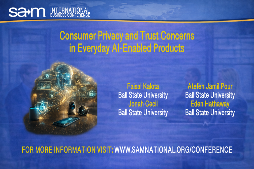 SAMIBC2026 Presentation Announcement Slide for A SAM International Business Conference presentation explores consumer privacy and trust concerns in AI-enabled products, emphasizing data protection, transparency, and responsible AI governance.