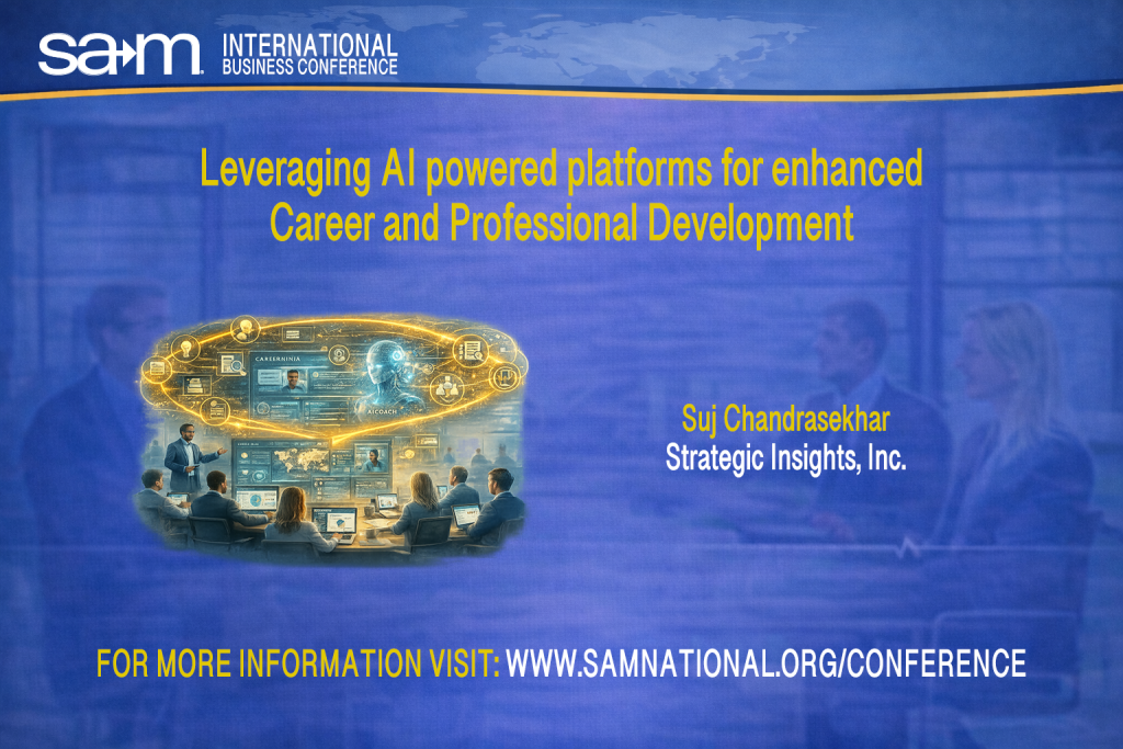 Promotional conference slide showing a semi-realistic illustration of a professional workshop setting where a facilitator presents to a group seated around a table using laptops. A glowing, circular digital interface surrounds a humanoid AI figure and interconnected icons representing career guidance, analytics, and professional development platforms. The visual suggests human–AI collaboration, technology-enabled coaching, and enhanced career development within a modern organizational environment.