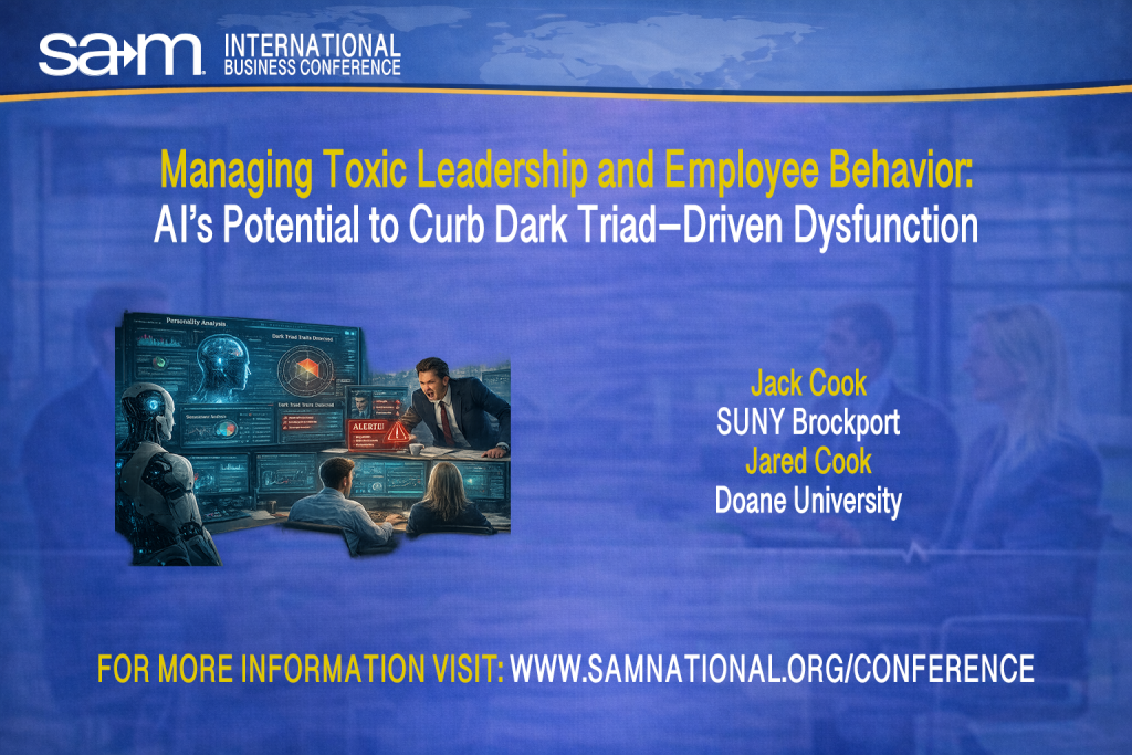 Conference slide graphic showing an intense workplace scenario where artificial intelligence tools monitor leadership behavior. A tense meeting scene features a leader displaying aggressive behavior while AI dashboards analyze personality traits and behavioral risk indicators. The imagery suggests the use of AI to detect, manage, and mitigate toxic leadership and counterproductive employee behavior within organizations.