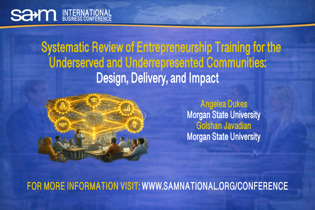 Promotional graphic for the SAM International Business Conference showing a diverse classroom-style entrepreneurship training session. Participants from varied backgrounds sit at tables with laptops while an instructor presents. Above them, interconnected golden icons symbolize education, mentorship, finance, innovation, and community impact, representing inclusive entrepreneurship training and its design, delivery, and outcomes.