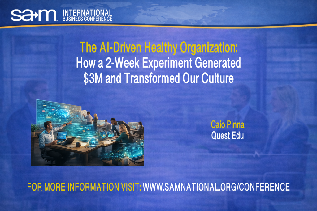 Conference slide graphic for SAM International Business Conference showing a modern workplace scene where teams collaborate around laptops and holographic AI interfaces, symbolizing AI-driven innovation, low-code development, and organizational transformation in a professional office environment.