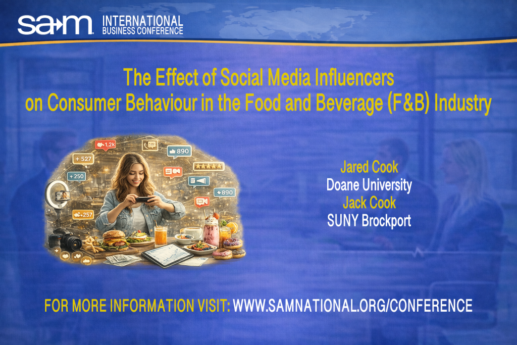 Promotional graphic for the SAM International Business Conference featuring a stylized illustration of a social media influencer photographing food and beverages for online content. Engagement icons such as likes, ratings, and comments surround the scene, representing digital influence and consumer interaction. The image highlights research on how social media influencers shape consumer behavior in the food and beverage industry, with author names and conference branding displayed on a blue background.