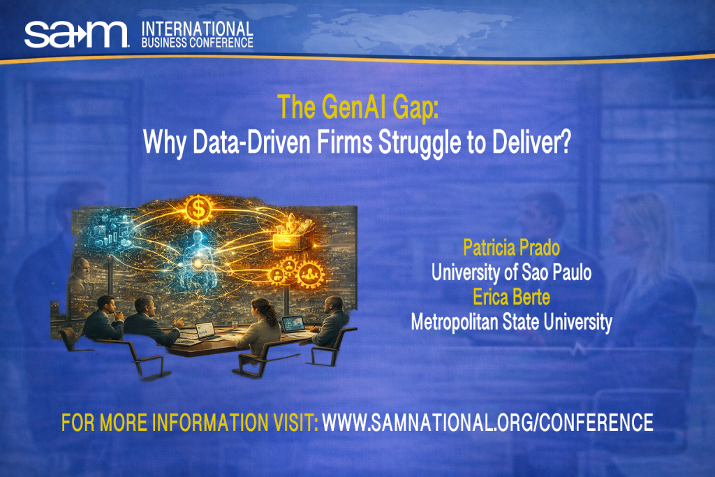 Conference slide for the SAM International Business Conference titled “The GenAI Gap: Why Data-Driven Firms Struggle to Deliver?” showing a group of professionals seated around a table in discussion, with glowing digital icons and data flows representing artificial intelligence, analytics, strategy, and value creation in the background.