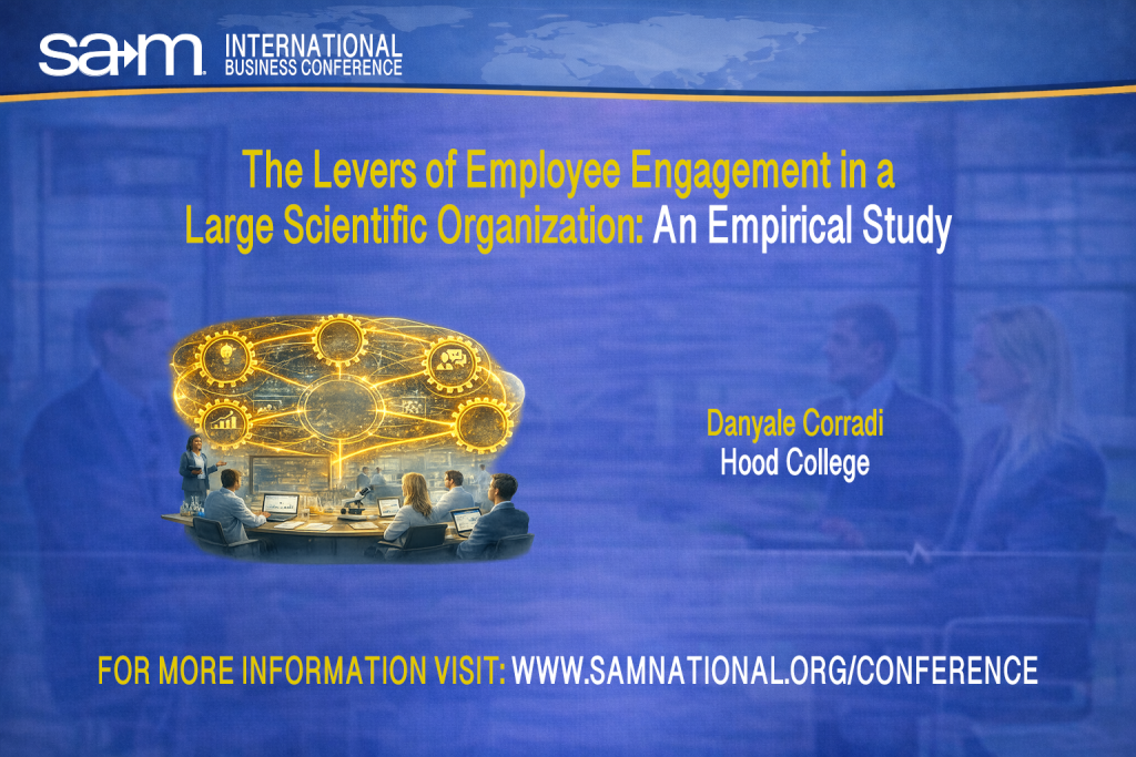 Conference-branded slide with a blue background showing a professional meeting scene where a diverse group of employees sit around a table in discussion. Above them, a glowing network of interconnected golden gears and icons represents organizational systems, motivation, leadership, and collaboration. The SAM International Business Conference branding appears at the top, with presenter information displayed on the right and a website reference along the bottom.