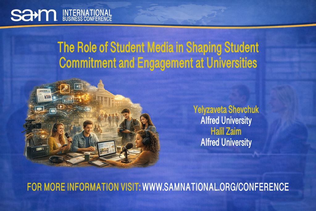 Conference promotional graphic for the SAM International Business Conference featuring the presentation titled “The Role of Student Media in Shaping Student Commitment and Engagement at Universities.” The image shows a group of diverse students collaborating around microphones, cameras, laptops, and audio equipment, representing student-run media such as radio, video, and digital platforms. In the background, a university campus and floating media icons suggest communication, content creation, and campus engagement. The presenters, Yelyzaveta Shevchuk and Halil Zaim from Alfred University, are listed alongside the session title, with conference branding displayed across the top and bottom of the image.