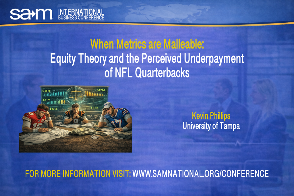Conference slide graphic showing three professional football quarterbacks seated at a table reviewing contracts and performance data, with visual elements representing salary comparisons and evaluation metrics. The image symbolizes ambiguity in performance measurement, compensation equity, and dissatisfaction among highly compensated employees in professional sports.