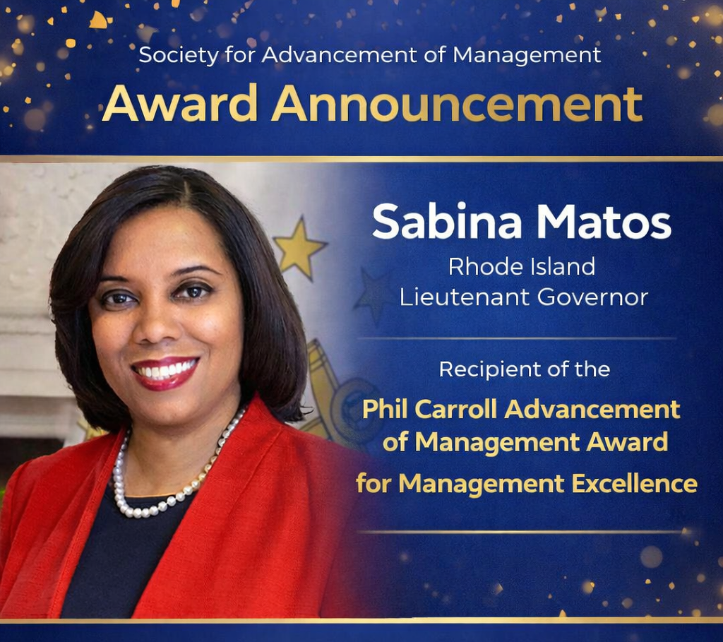Award Announcement Tile for Lt. Gov. Sabina Matos.