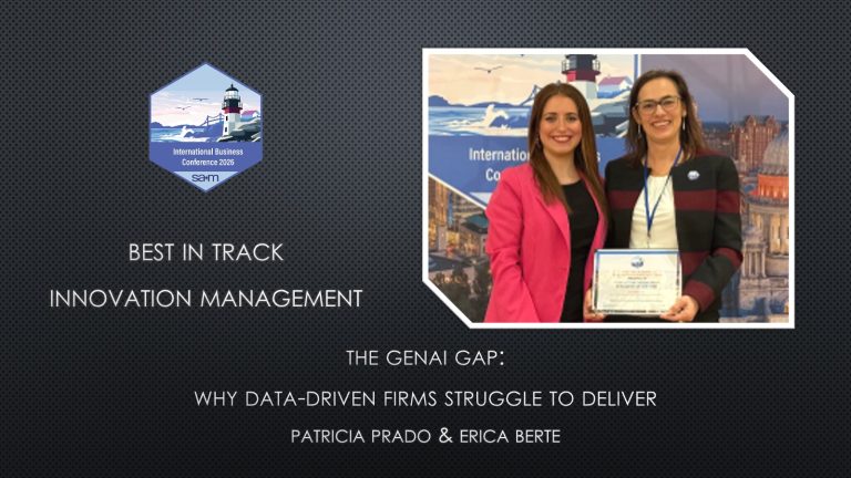 Award Notification Tile for Patricia Prado and Erica Berte Best of Track Paper at the SAM International Business Conference.