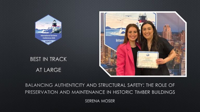 Award Notification Tile for Serena Moser Best of Track Paper at the SAM International Business Conference.