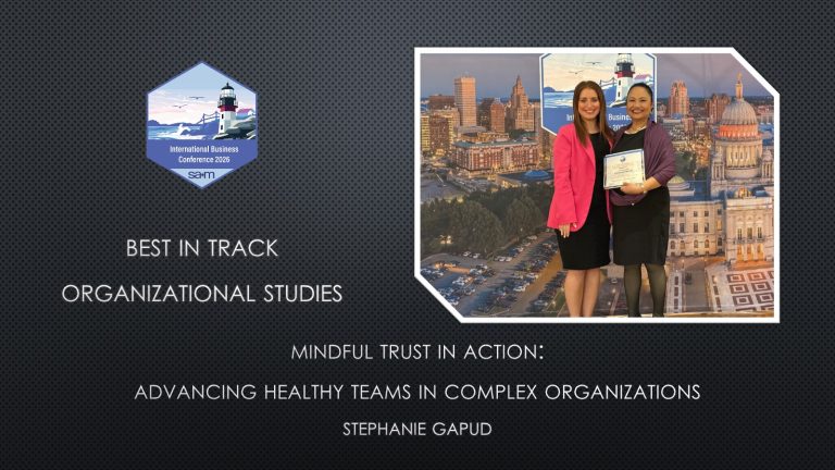 Award Notification Tile for Patricia Prado and Erica Berte Best of Track Paper at the SAM International Business Conference.