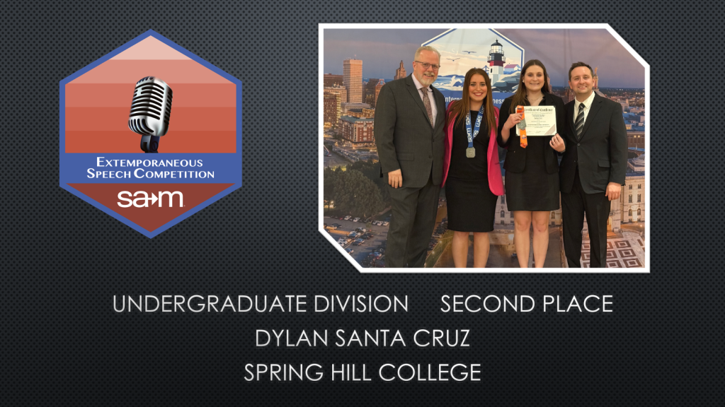 Extemporaneous Speech Competition Award Tile, Dylan Santa Cruz, Second Place, Undergraduate Division.