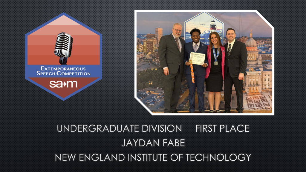 Extemporaneous Speech Competition Award Tile, Jaydan Fabe, First Place, Undergraduate Division.