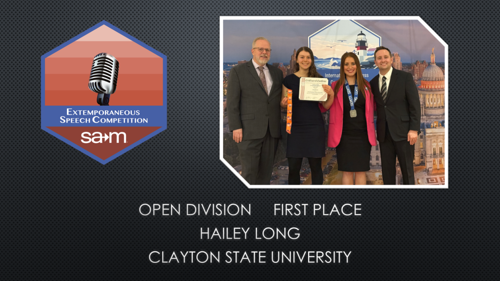 Extemporaneous Speech Competition Award Tile, Hailey Long, First Place, Open Division.