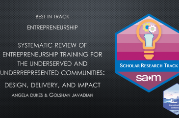 Award Notification Tile for Angela Dukes and Golshan Javadian Best of Track Paper at the SAM International Business Conference.