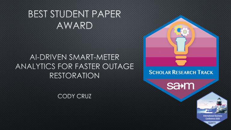 Award Notification Tile for Cody Cruz Best Student Paper at the SAM International Business Conference.