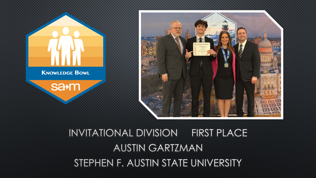 2026 Business Knowledge Bowl Winners Slide - Austin Gartzman, First Place, Invitational Division.