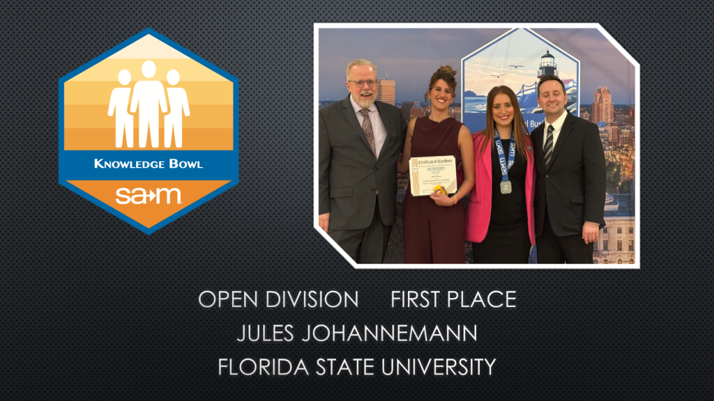 2026 Business Knowledge Bowl Winners Slide - Jules Johannemann, Open Division, First Place.