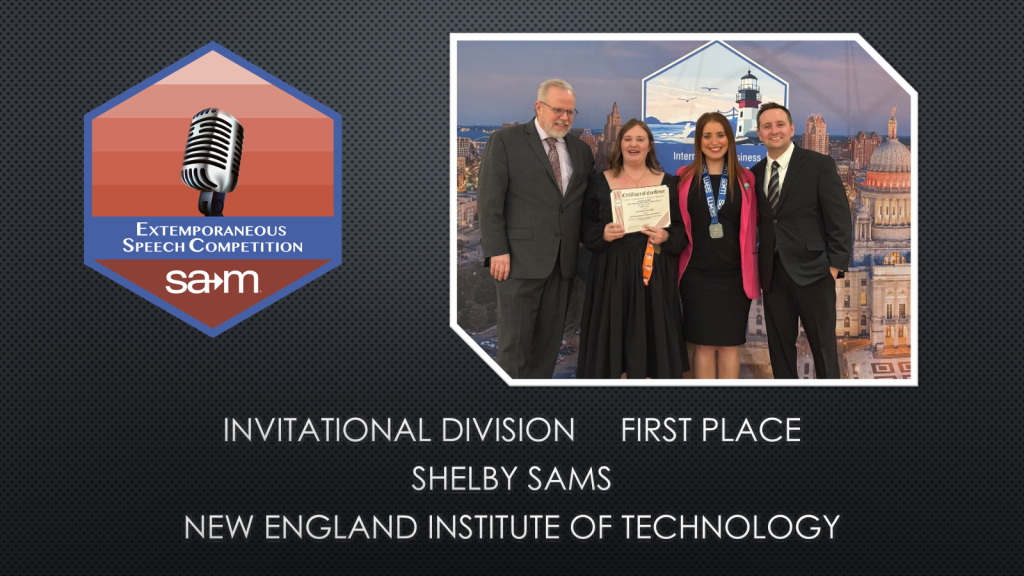 Extemporaneous Speech Competition Award Tile, Shelby Sams, First Place, Invitational Division.