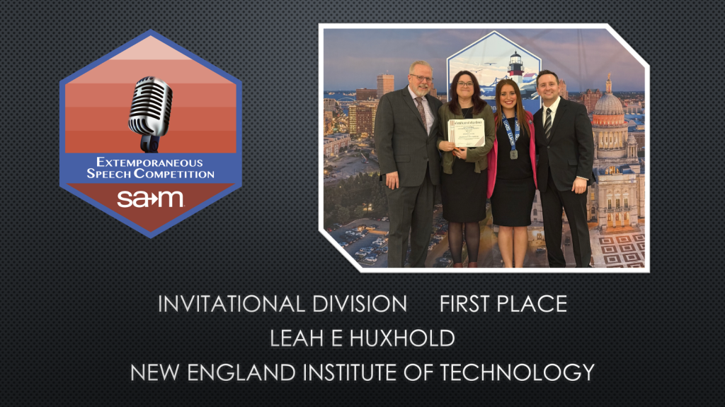 Extemporaneous Speech Competition Award Tile, Leah E. Huxhold, First Place, Invitational Division.